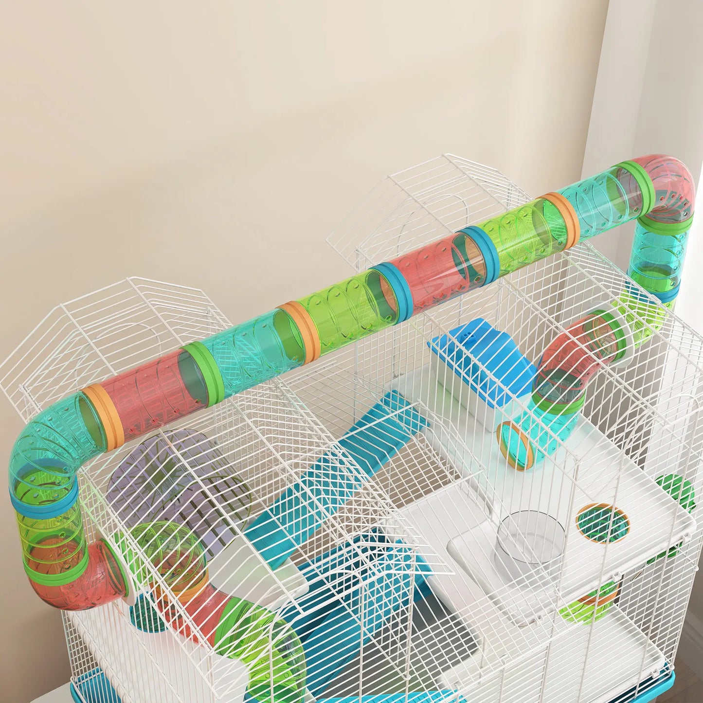 PawHut 4 Tier Hamster Cage w/ Tubes, Exercise Wheel, Hut, Water Bottle, Ramps for Dwarf Hamster, Light Blue