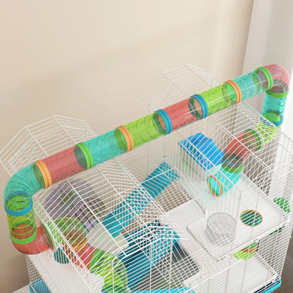PawHut 4 Tier Hamster Cage w/ Tubes, Exercise Wheel, Hut, Water Bottle, Ramps for Dwarf Hamster, Light Blue