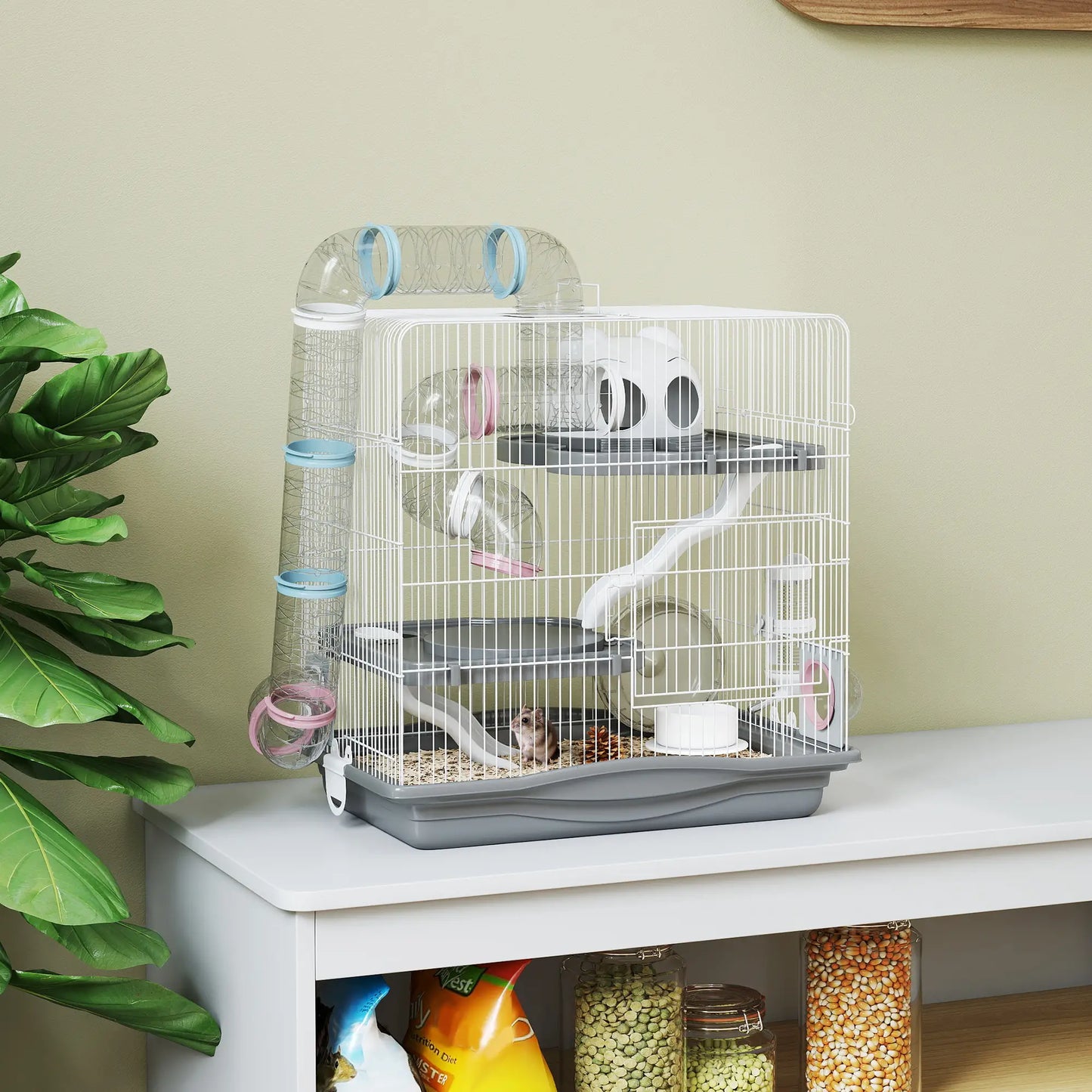 PawHut 3-Tier Hamster Cage with Exercise Wheels, Water Bottle, Food Dish, for Dwarf Hamsters, Grey