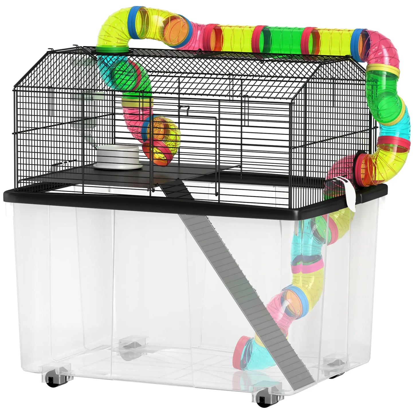 PawHut Two-Tier Hamster Cage with Deep Tray, Tube System, Water Bottle, Ramp, Feeding Bowl, Multicoloured