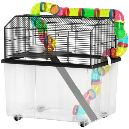 PawHut Two-Tier Hamster Cage with Deep Tray, Tube System, Water Bottle, Ramp, Feeding Bowl, Multicoloured