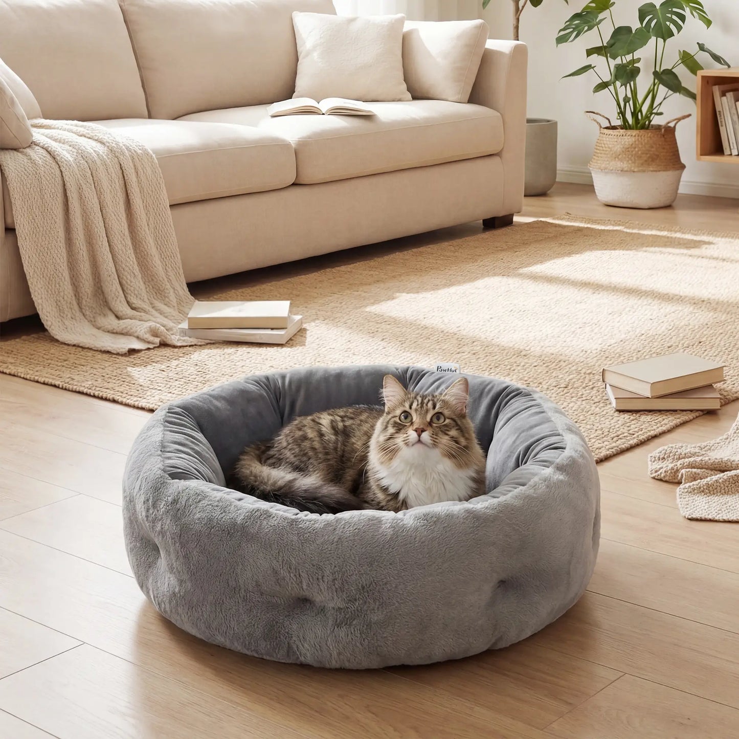 PawHut Cat Round Bed, Reversible Dog Pet Bed for Indoor Cats & Small Dogs with Supportive Bolster, Dark Grey