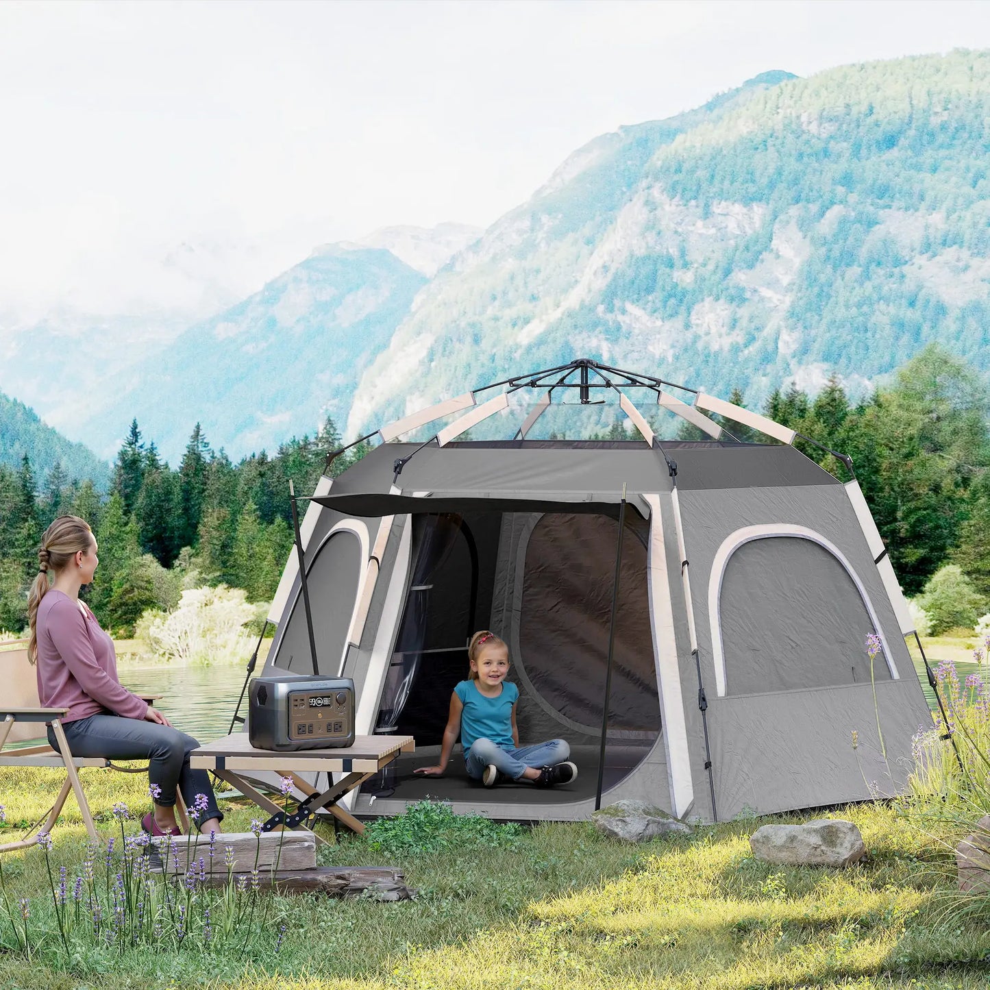 Outsunny Instant Camping Tent, Dome Family Tent with Vestibule, 4 Mesh Windows & 2 Doors, Waterproof & UV Protected, Dark Grey