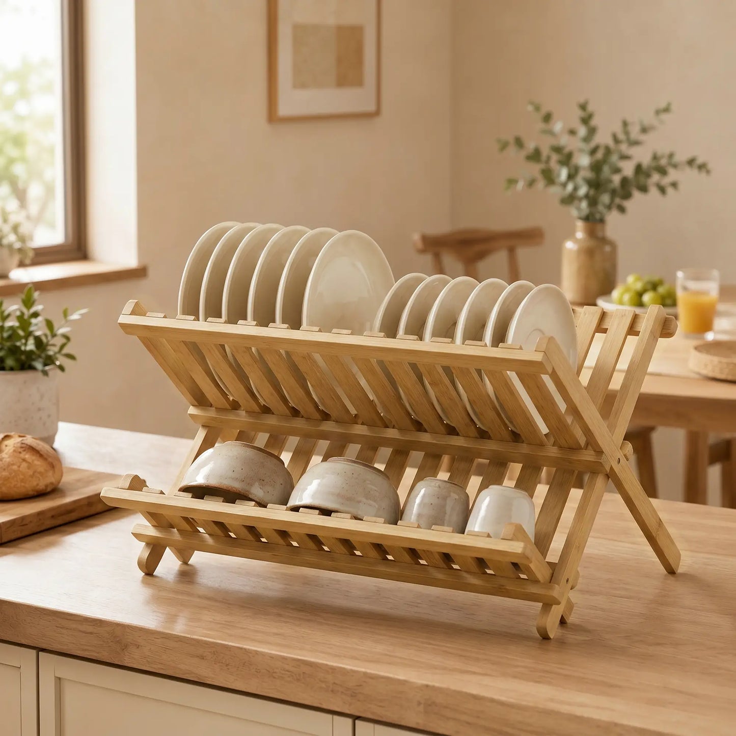 HOMCOM 2-Tier Foldable Kitchen Storage Rack with Slatted Draining Shelves, Natural Wood Finish