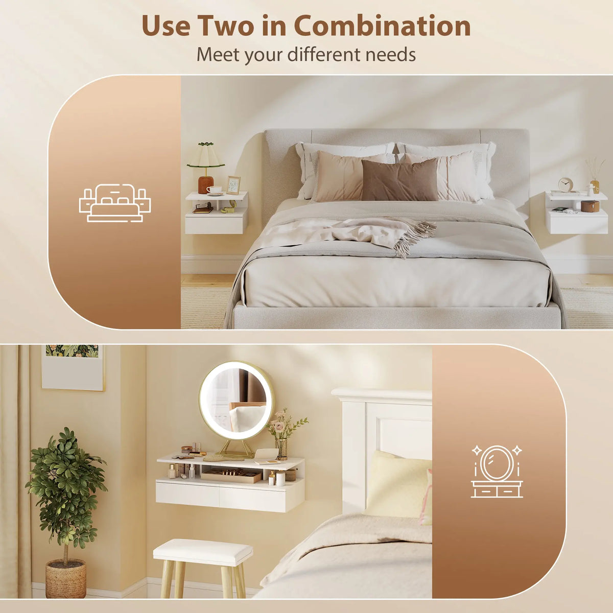 HOMCOM Set of Two Floating Bedside Tables Wall-Mounted Side Table - White