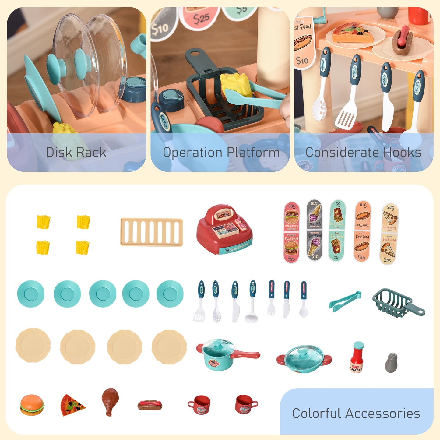 50 Pcs Kids Kitchen Play Set Fast Food Trolley Cart Pretend Playset Toys with Play Food Accessories Gift for Boys Girls Age 3-6
