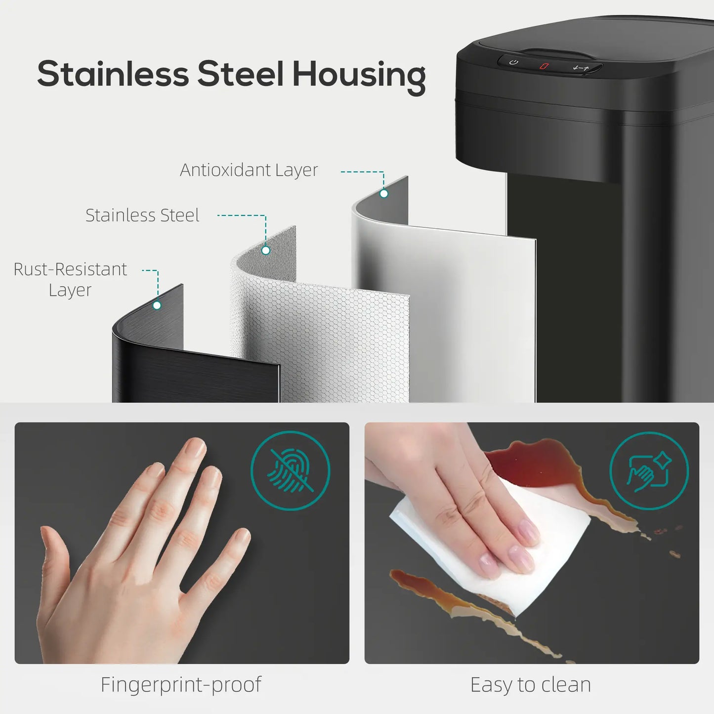 HOMCOM 12L Motion Sensor Bin, Automatic Touchless Kitchen Bin with Fingerprint Resistant Stainless Steel, Black