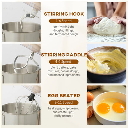 HOMCOM Stand Mixer, 6L Tilt-Head Food Mixer with 11 Speeds, Pulse & Fermentation Function, LED Display, Cream