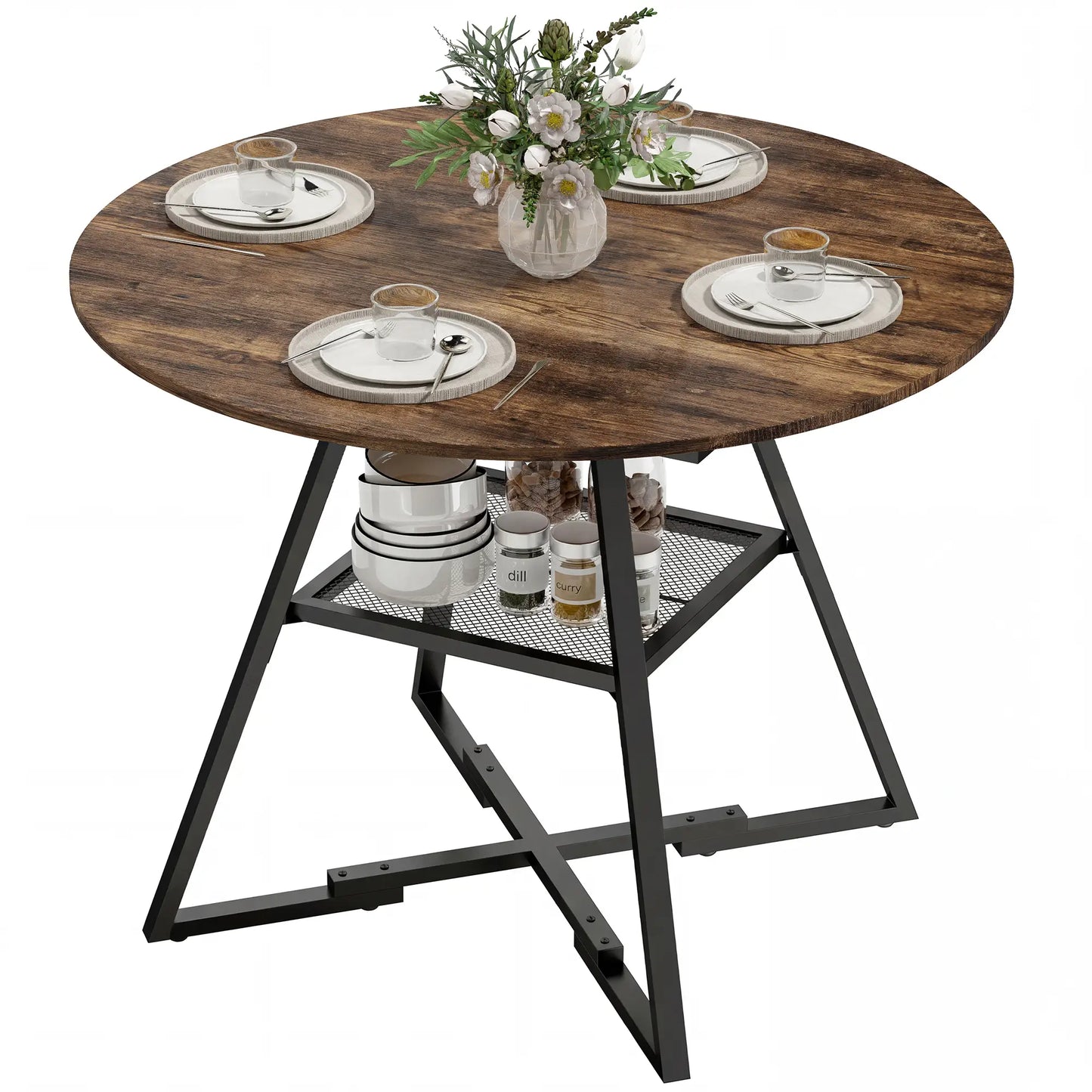 HOMCOM Dining Table for 4 People, Round Industrial Kitchen Table with Storage Shelf, Rustic Brown