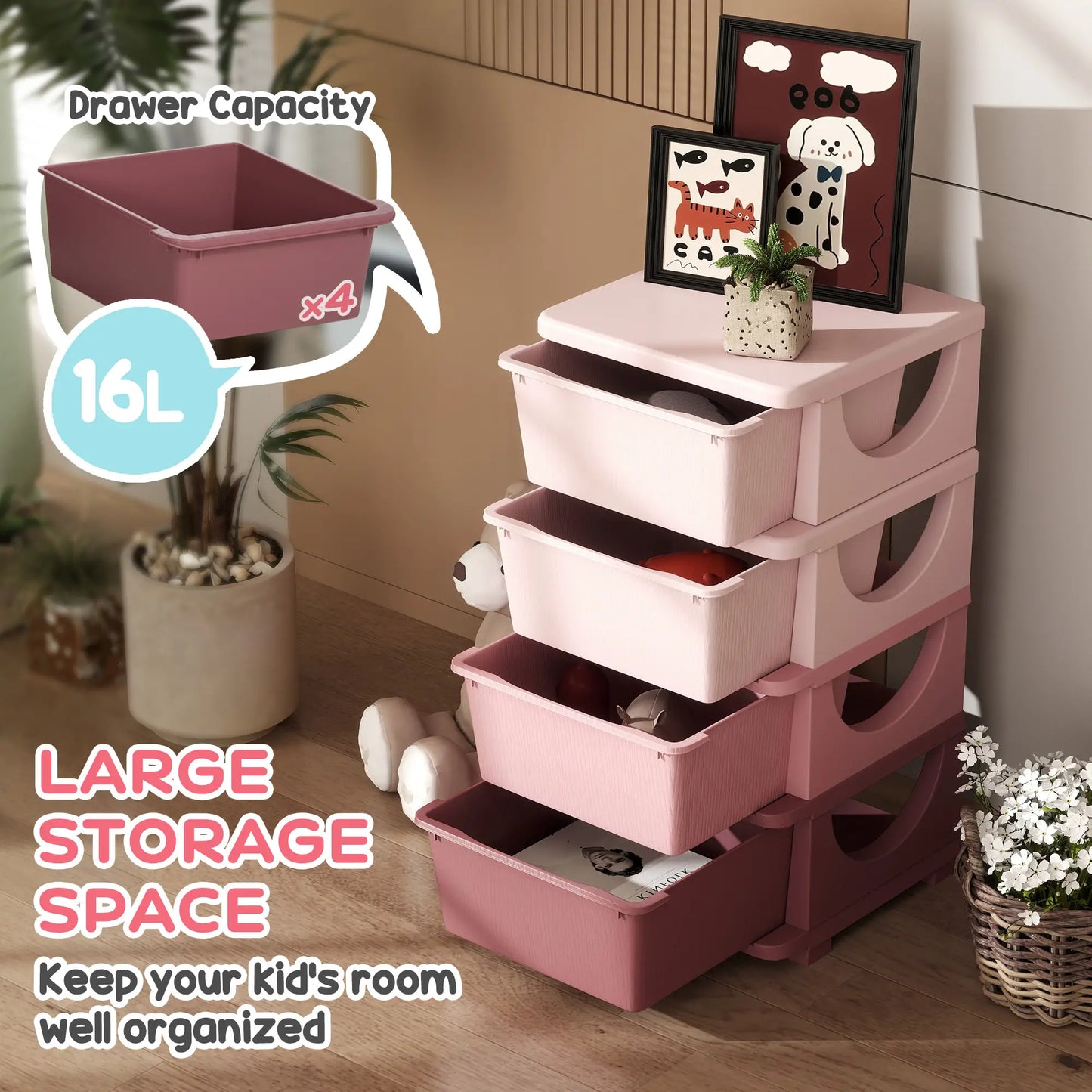 HOMCOM Four-Tier Kids Storage Boxes, with Four Removable Drawers, Pink