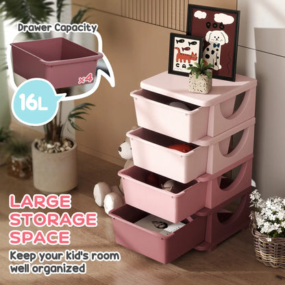 HOMCOM Four-Tier Kids Storage Boxes, with Four Removable Drawers, Pink