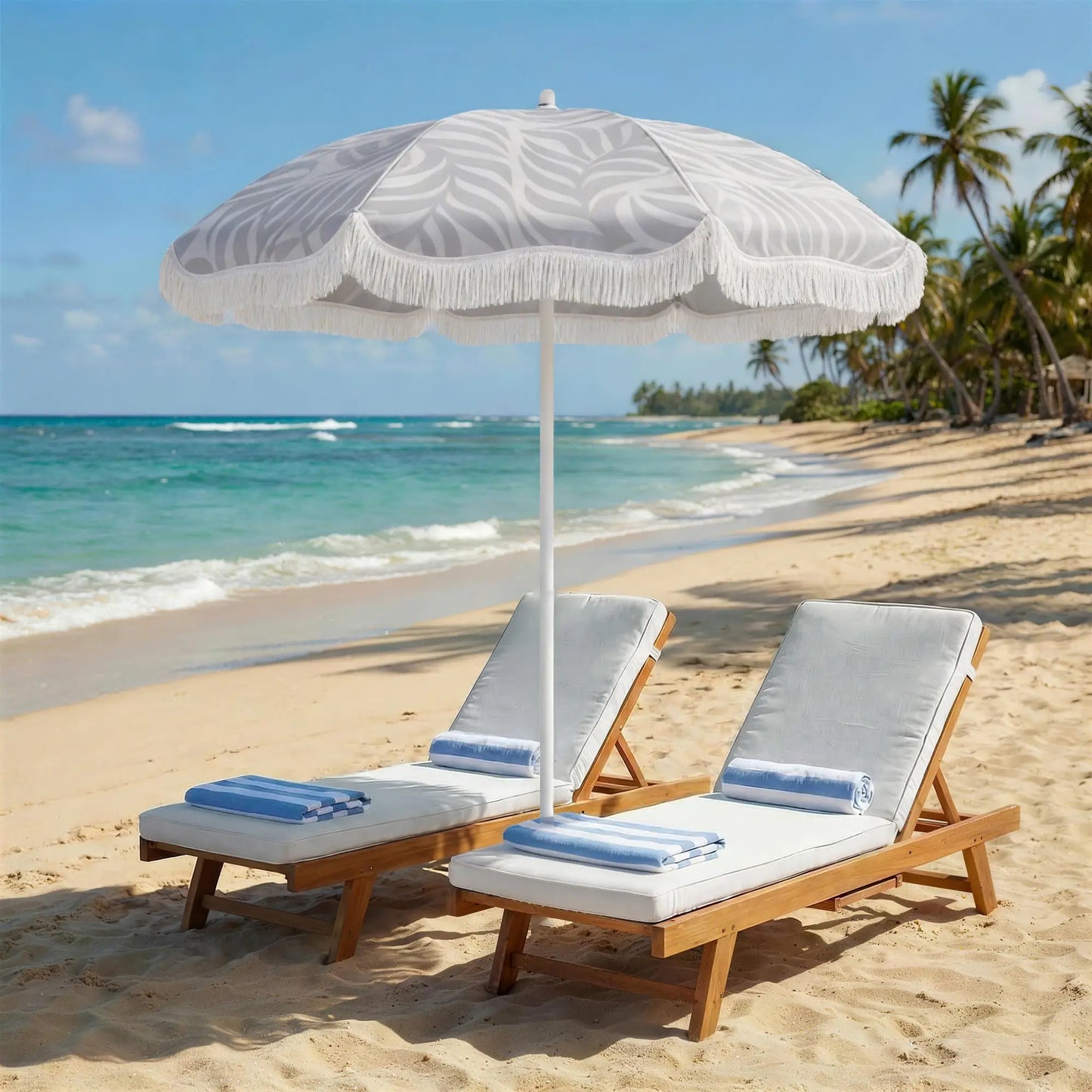 Outsunny Beach Umbrella Parasol with Sand Anchor, Portable Tilting Garden Parasol with Adjustable Height, Light Grey