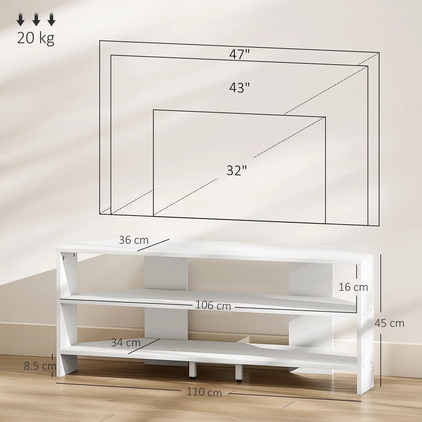 HOMCOM Corner TV Stand with 2 Open Shelves for 47 Inch TV - White