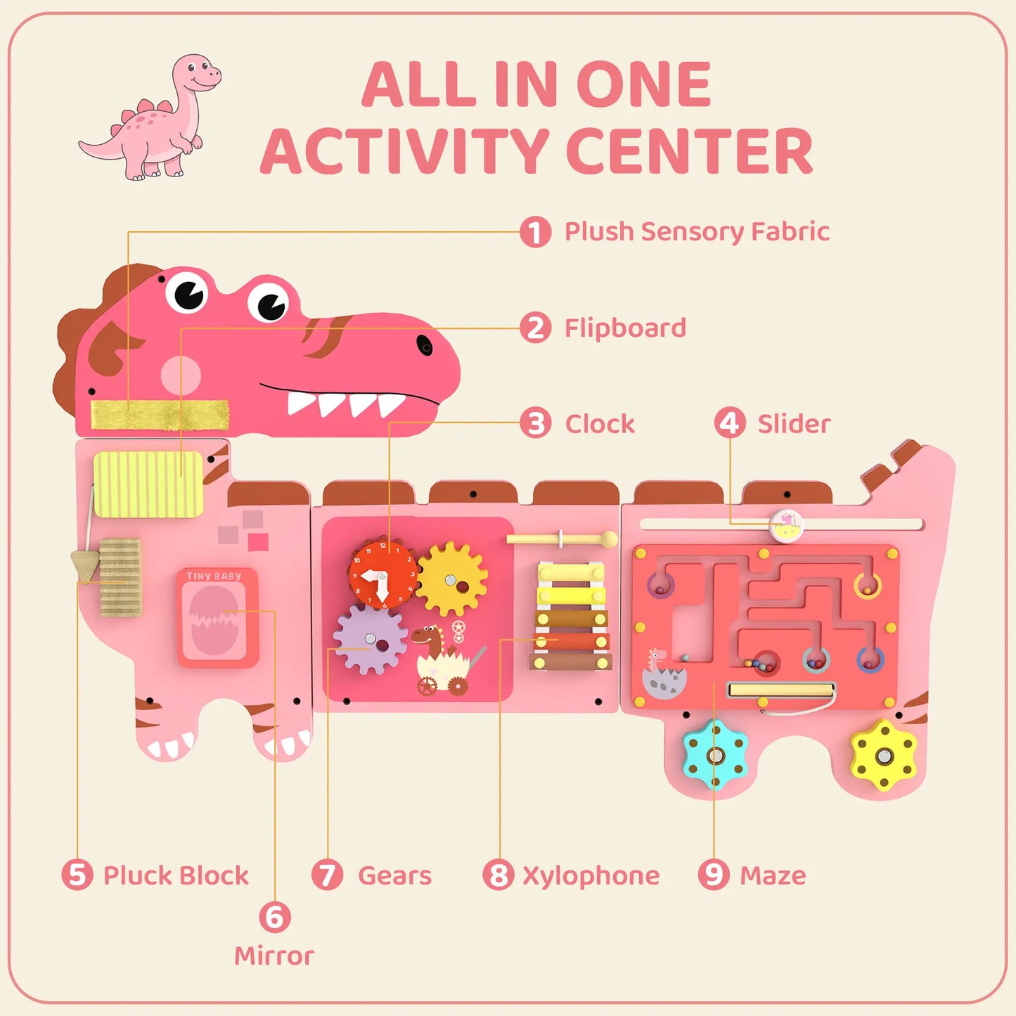 AIYAPLAY Busy Board Panels, Wall Mounted Montessori Inspired, Toddler Learning Centre Dinosaur Theme, Pink