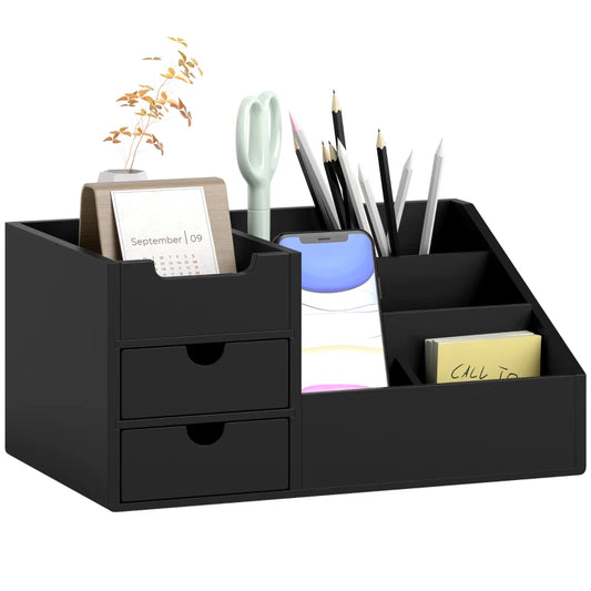 HOMCOM Desk Organiser Holder, Bamboo Multi-Function Storage Caddy with 7 Storage Compartments and 2 Drawers for Home & Office