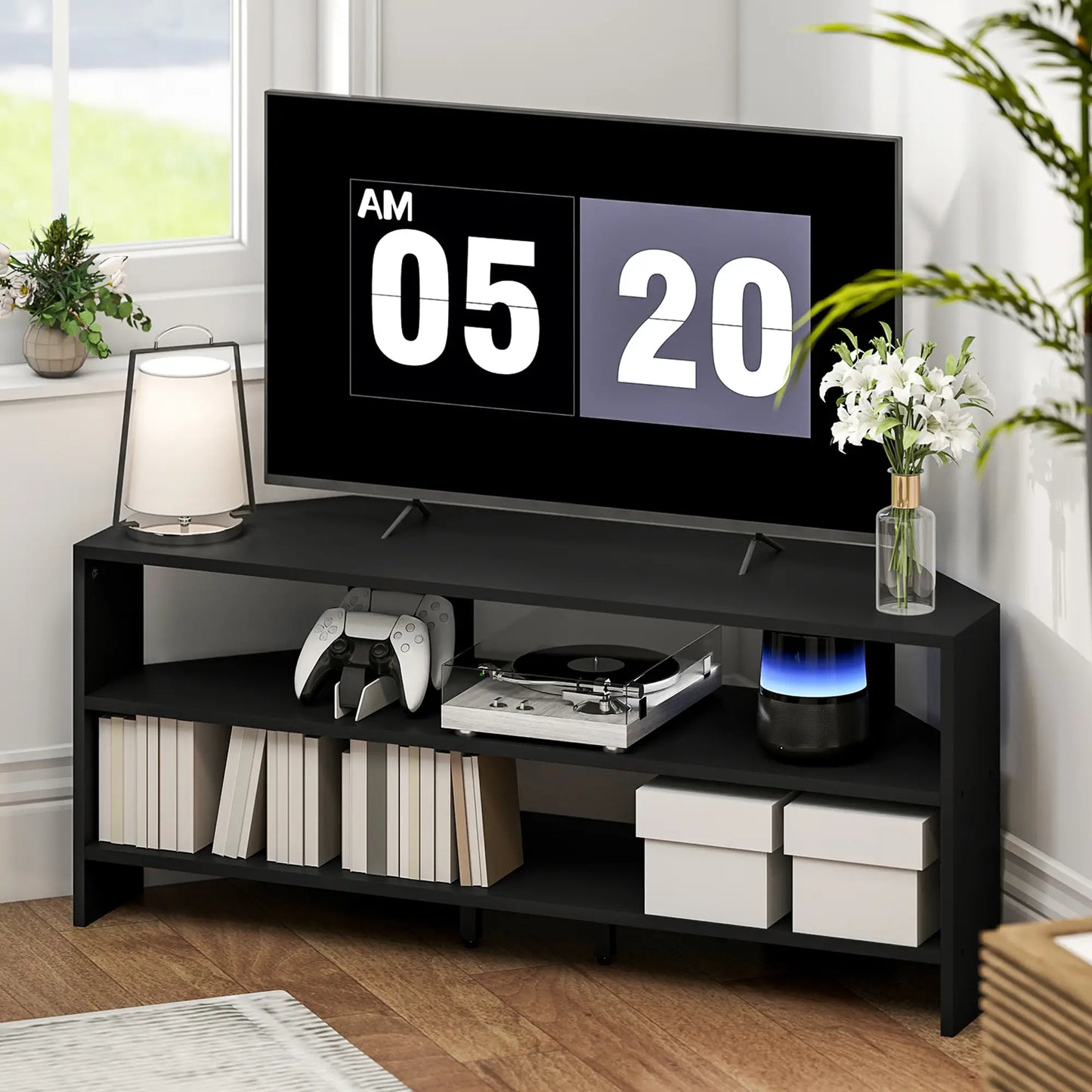 HOMCOM Corner TV Stand with 2 Open Shelves for 47 Inch TV - Black