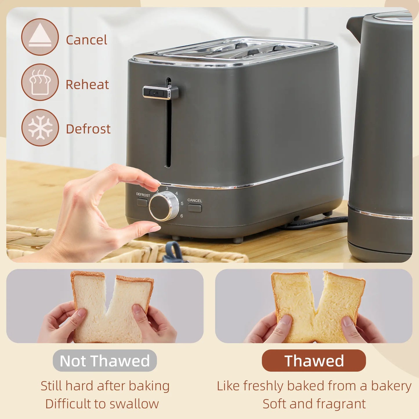 HOMCOM Fast Boil Kettle and 2 Slice Toaster Set, Kitchen Set with 6 Level Browning Controls, Defrost, Reheat, 1.7L 3000W Grey
