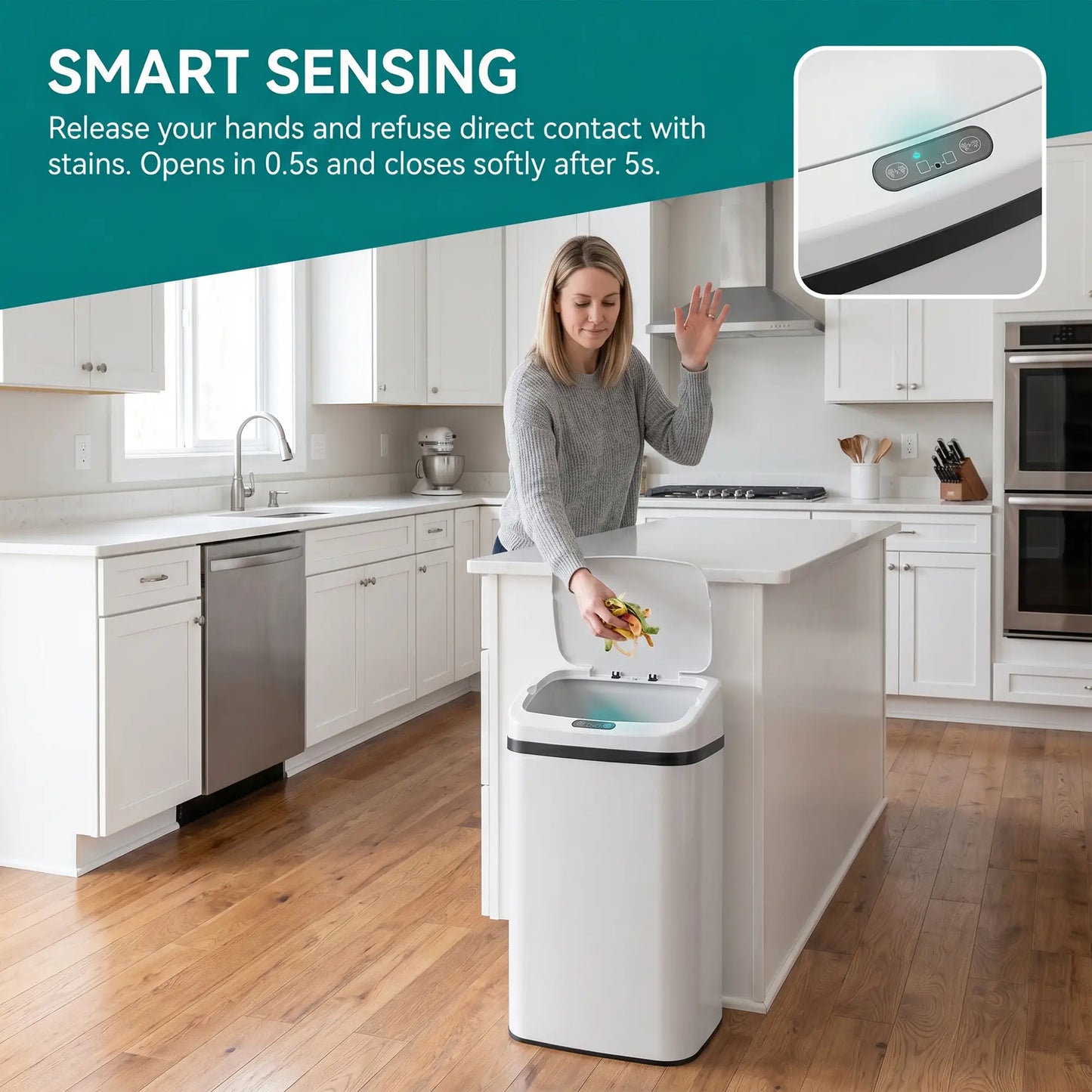 HOMCOM 48L Stainless Steel Kitchen Sensor Bin with Soft-Close Lid - White