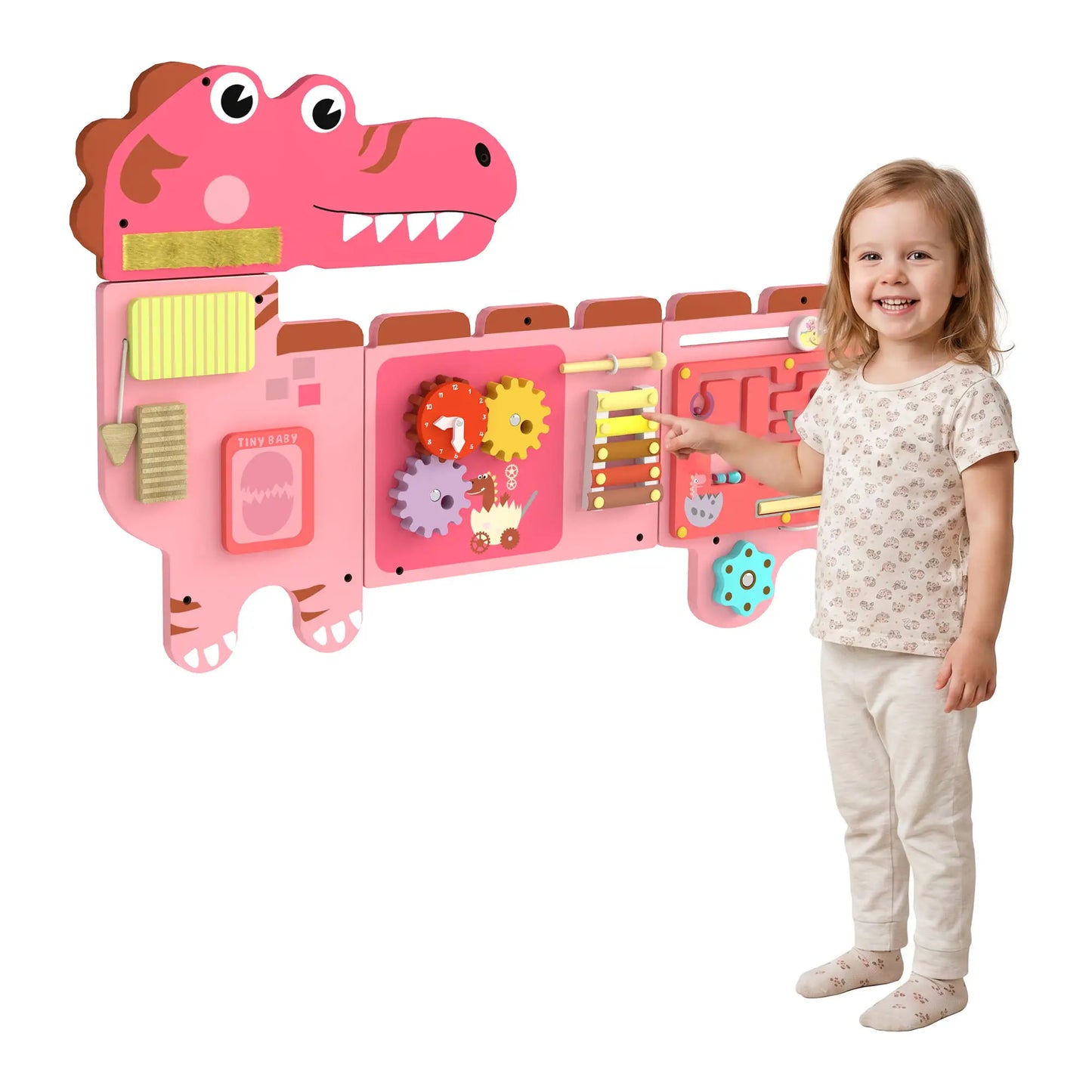 AIYAPLAY Busy Board Panels, Wall Mounted Montessori Inspired, Toddler Learning Centre Dinosaur Theme, Pink
