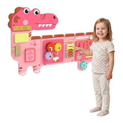 AIYAPLAY Busy Board Panels, Wall Mounted Montessori Inspired, Toddler Learning Centre Dinosaur Theme, Pink