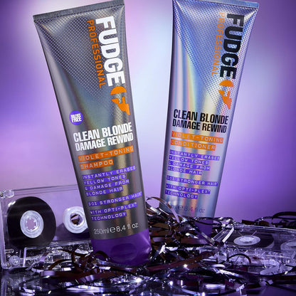 Fudge Professional Purple Hair Toning Shampoo, Travel Size, Clean Blonde Damage Rewind Shampoo, 50ml
