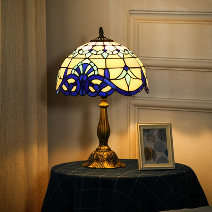 HOMCOM Tiffany Stained Glass Table Lamp, Handmade Antique Bedside Lamp, Nightstand, Night Light, Blue