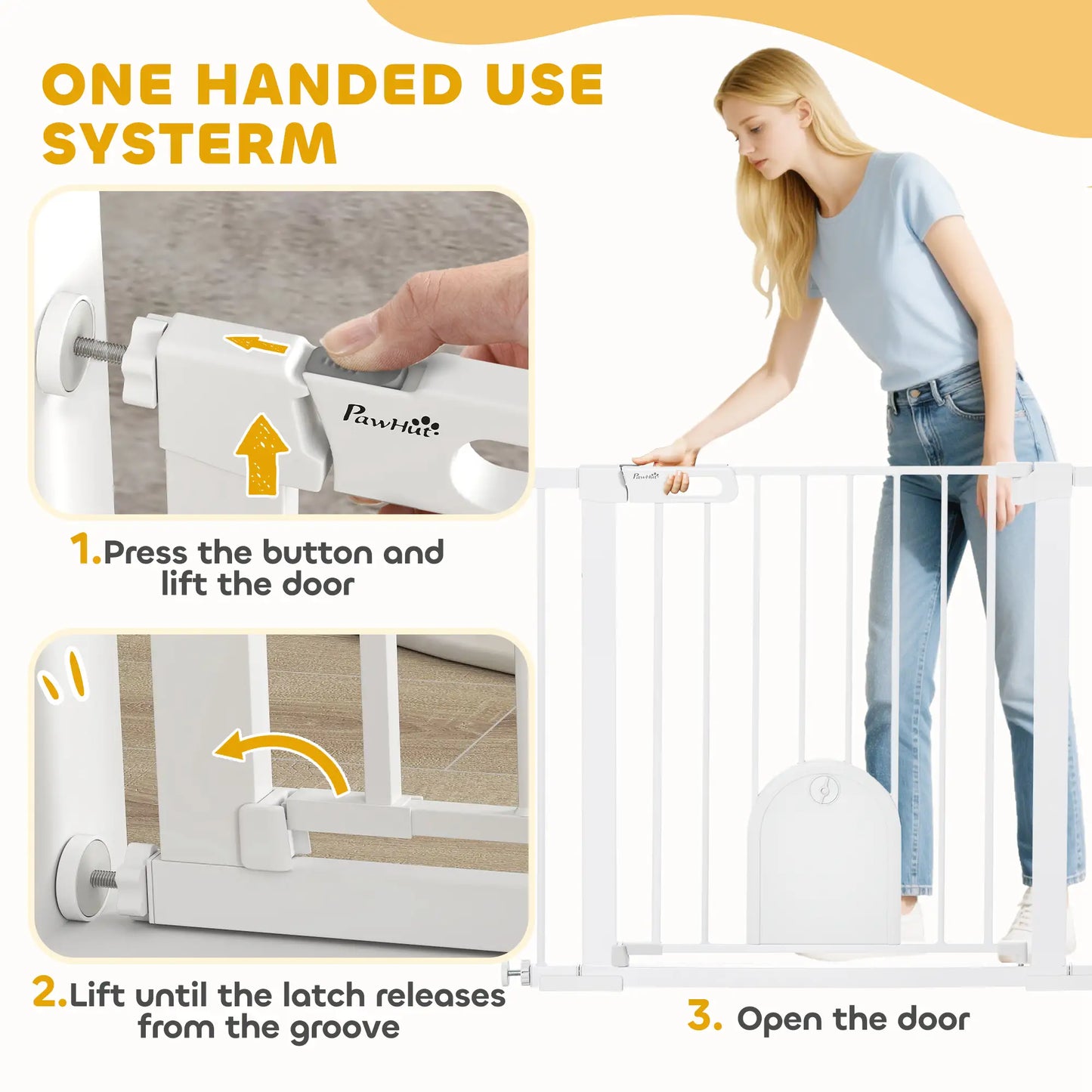 PawHut Dog Gate with Cat Flap Pet Safety Gate Barrier, Stair Pressure Fit, Auto Close, Double Locking, for Doorways, White