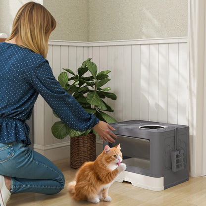 PawHut Enclosed Cat Litter Box with Lid, Front Entry, Top Exit, Drawer, Tray, Scoop, Brush - Grey