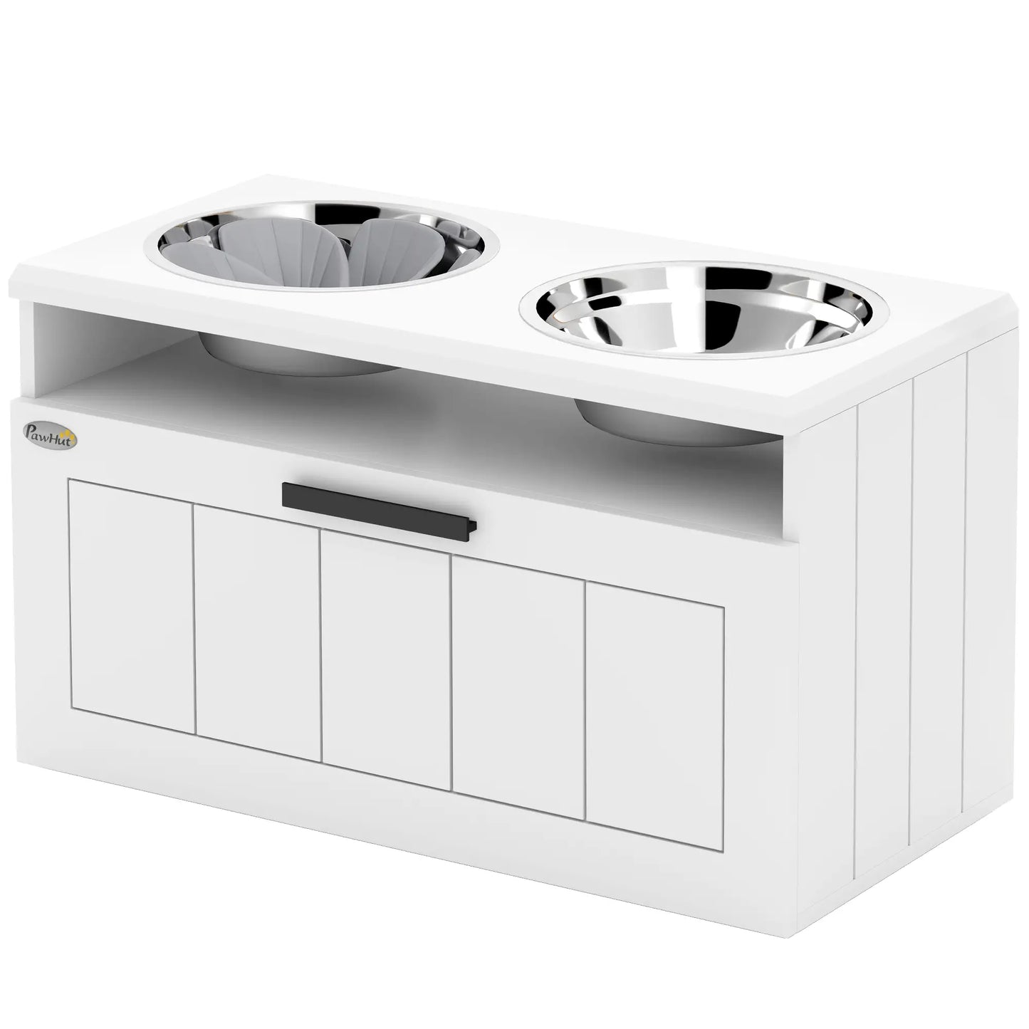 PawHut Raised Dog Bowl with Slow Feeder, Two Stainless Steel Bowls, Drawer for Large & Extra Large Dogs, White