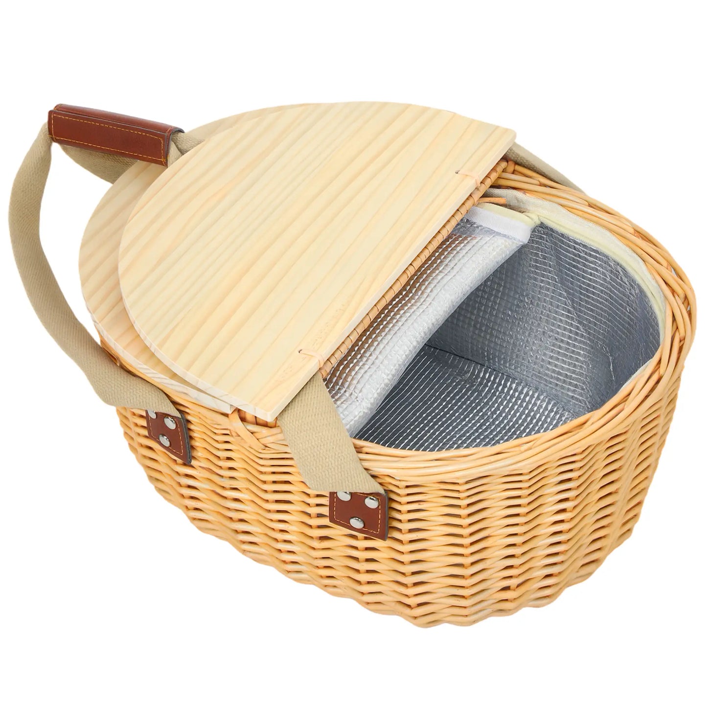 Outsunny Wicker Picnic Basket for 2 with Pine Wood Lid, Picnic Hamper with Cooler Compartment, Carry Handle for Camping, Outdoor, Light Brown