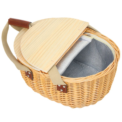 Outsunny Wicker Picnic Basket for 2 with Pine Wood Lid, Picnic Hamper with Cooler Compartment, Carry Handle for Camping, Outdoor, Light Brown