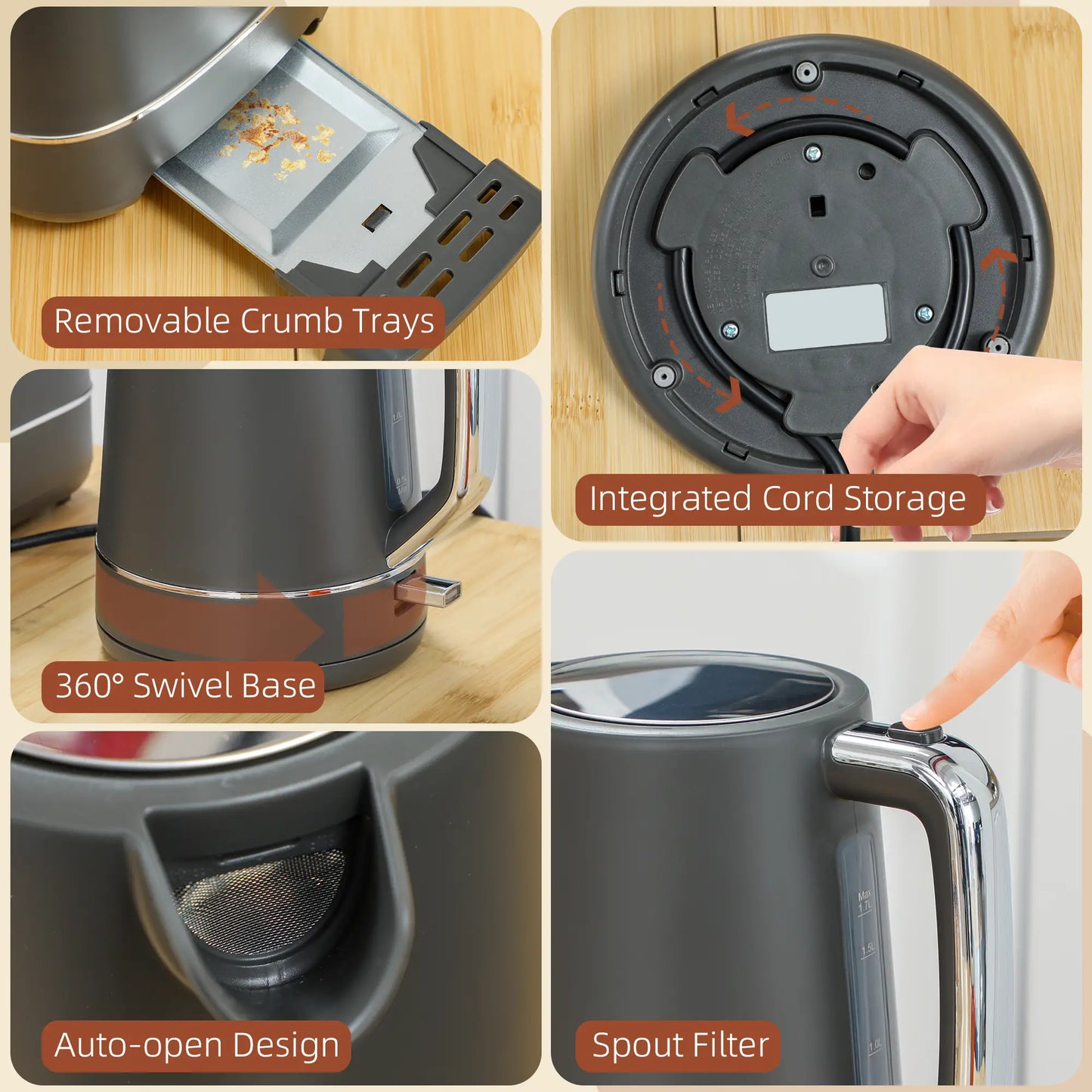 HOMCOM Fast Boil Kettle and 2 Slice Toaster Set, Kitchen Set with 6 Level Browning Controls, Defrost, Reheat, 1.7L 3000W Grey