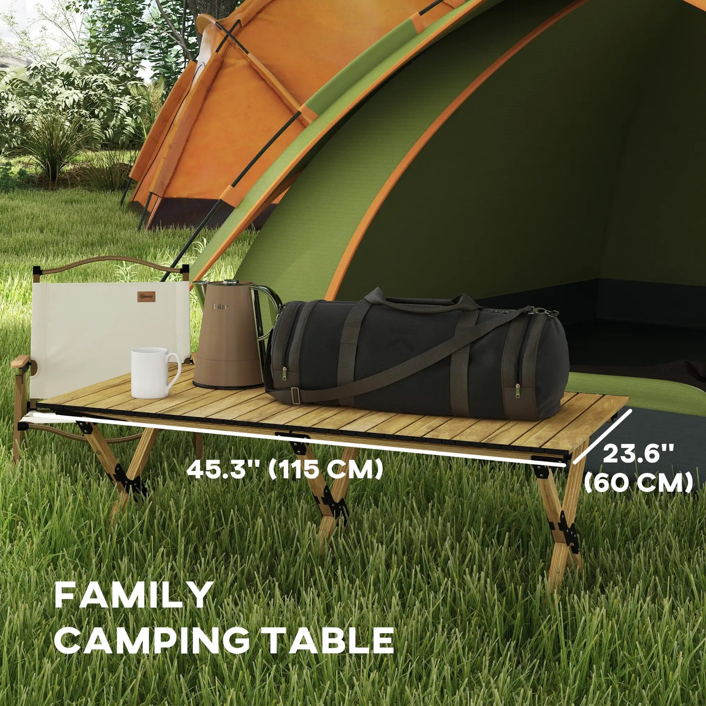 Outsunny 4ft Aluminium Portable Folding Camping Table with Roll-Up Top, Picnic Table for Indoor, Outdoor, Party, BBQ, Wood Effect