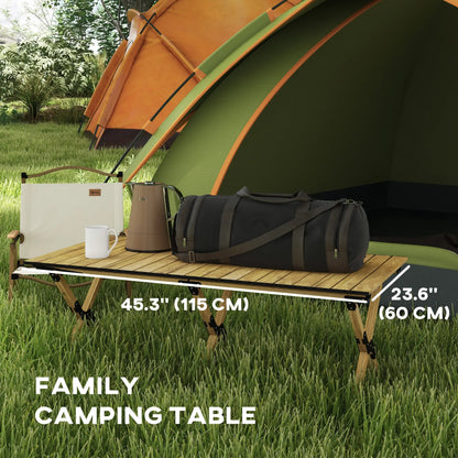 Outsunny 4ft Aluminium Portable Folding Camping Table with Roll-Up Top, Picnic Table for Indoor, Outdoor, Party, BBQ, Wood Effect