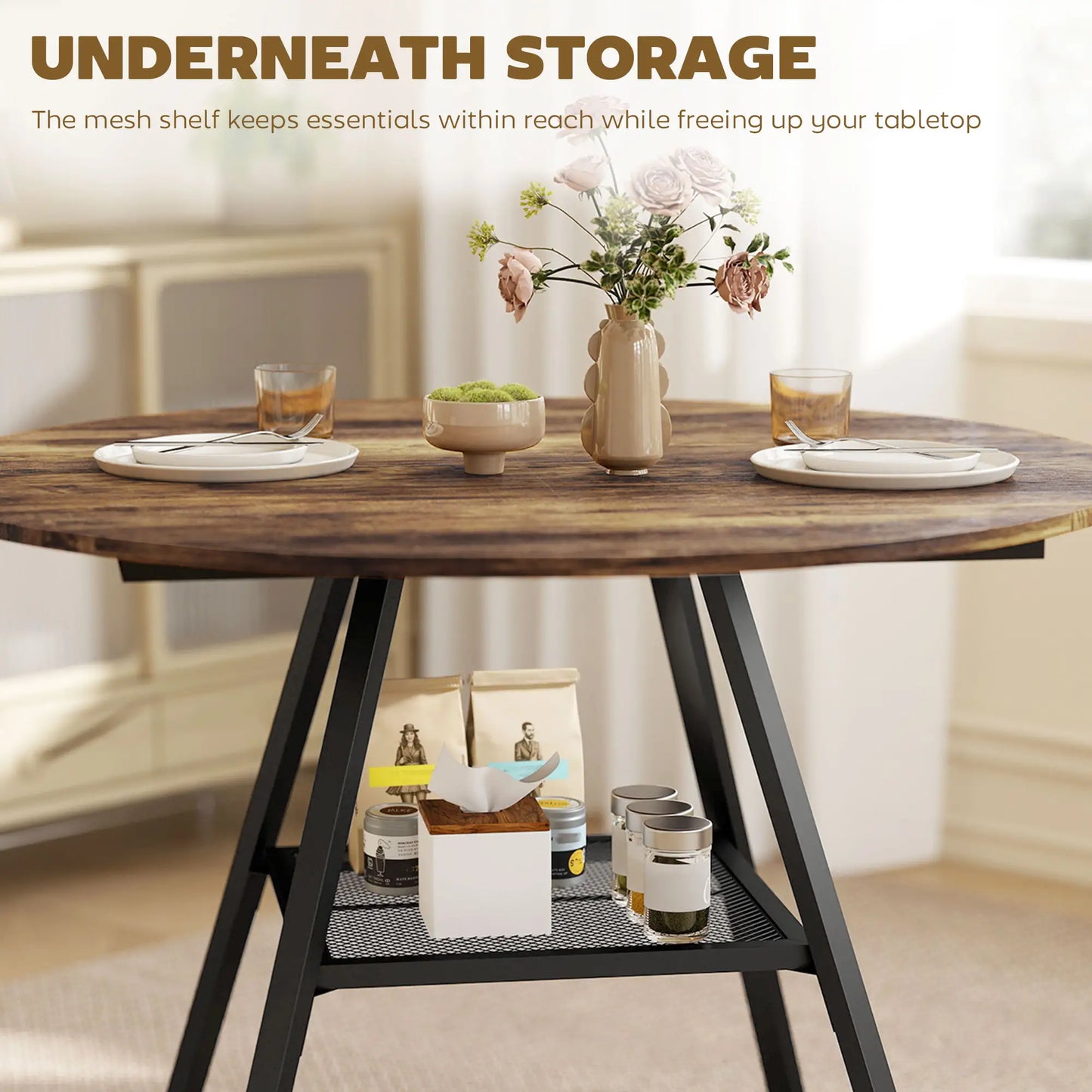 HOMCOM Dining Table for 4 People, Round Industrial Kitchen Table with Storage Shelf, Rustic Brown