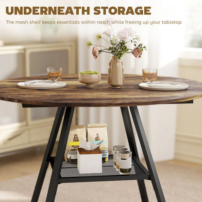 HOMCOM Dining Table for 4 People, Round Industrial Kitchen Table with Storage Shelf, Rustic Brown