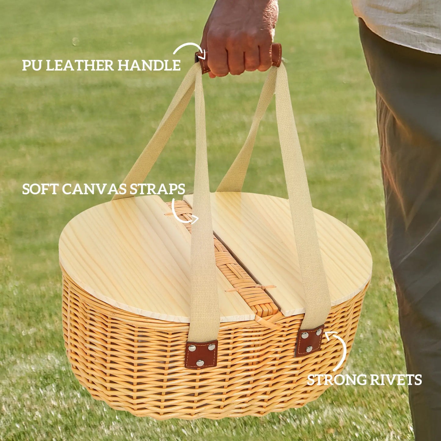 Outsunny Wicker Picnic Basket for 2 with Pine Wood Lid, Picnic Hamper with Cooler Compartment, Carry Handle for Camping, Outdoor, Light Brown