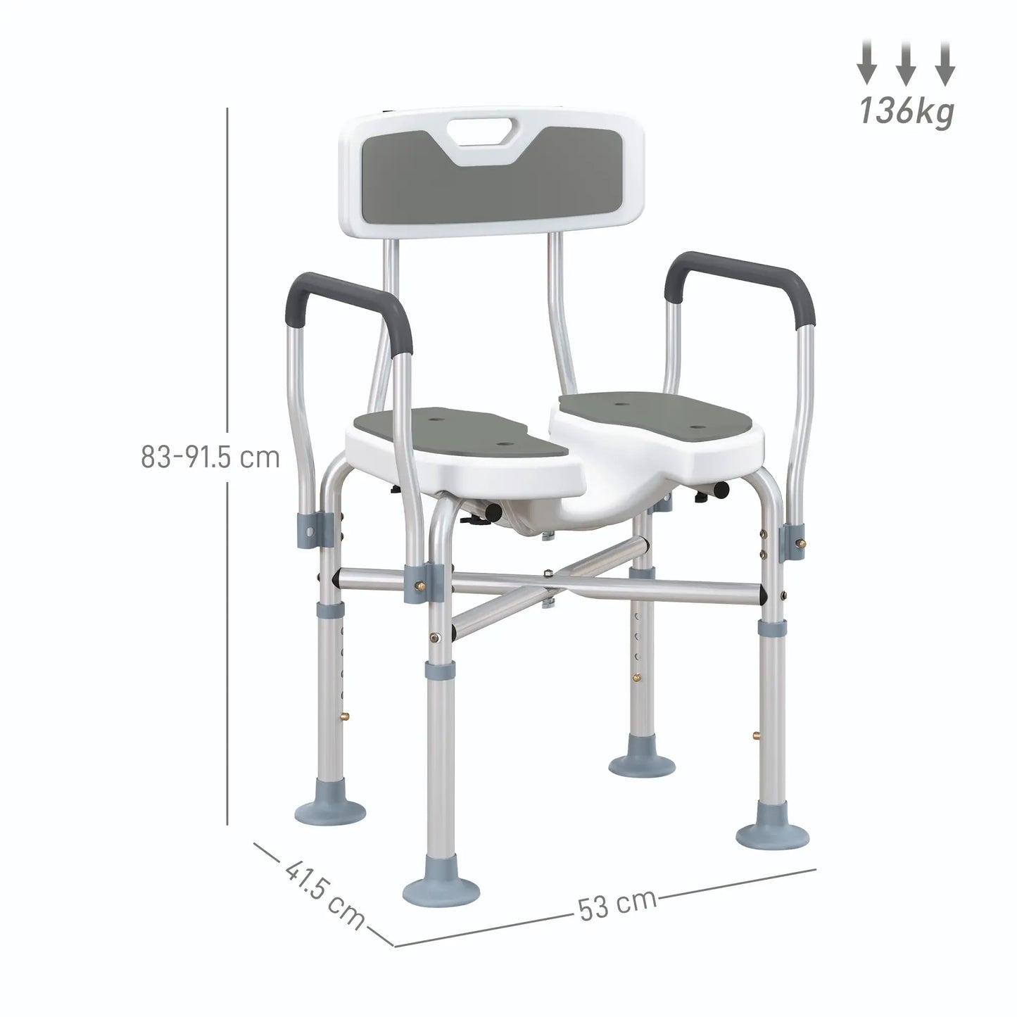 HOMCOM Shower Chair with Upgraded U-Shaped Seat, Height Adjustable Padded Bath Chair with Non-Slip Feet for Elderly Seniors, Grey