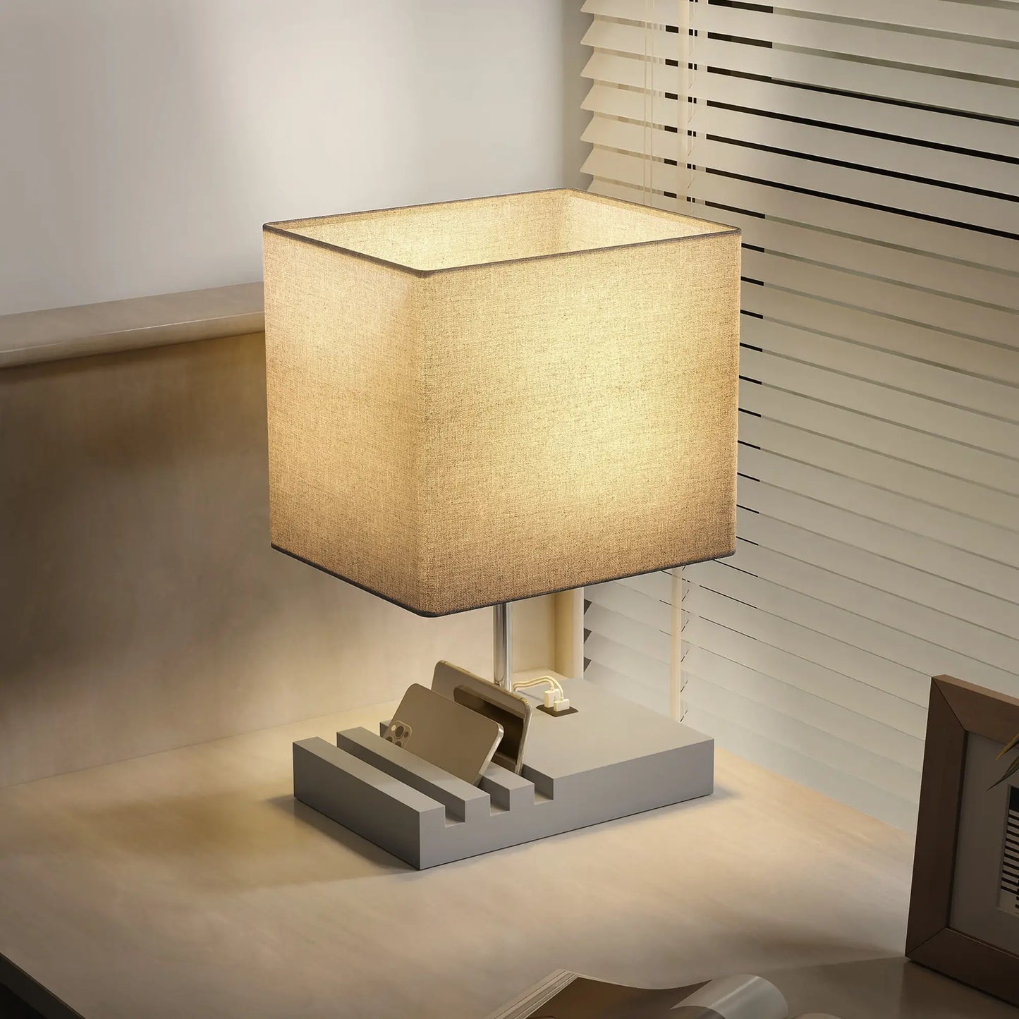 HOMCOM Bedside Lamp with USB A+C Charging Ports & 3 Phone Stands, Table Lamp with Wood Base, Grey