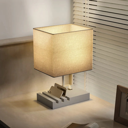 HOMCOM Bedside Lamp with USB A+C Charging Ports & 3 Phone Stands, Table Lamp with Wood Base, Grey