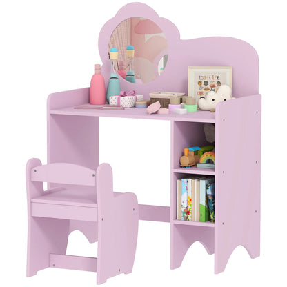 AIYAPLAY Kids Dressing Table with Mirror, Stool, Kids Vanity Table with Shelves for Ages 3-8 Years, Pink