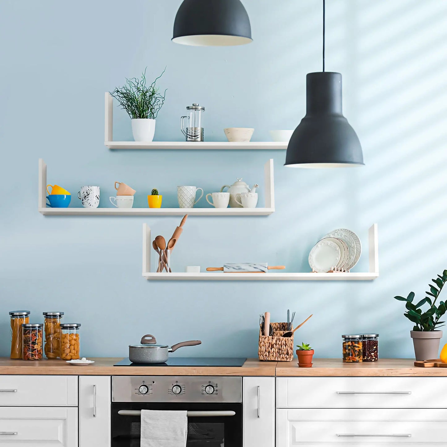 HOMCOM Set of 3 Wooden U-Shaped Floating Shelves Set, Wall Mounted Hanging Bookshelf, White