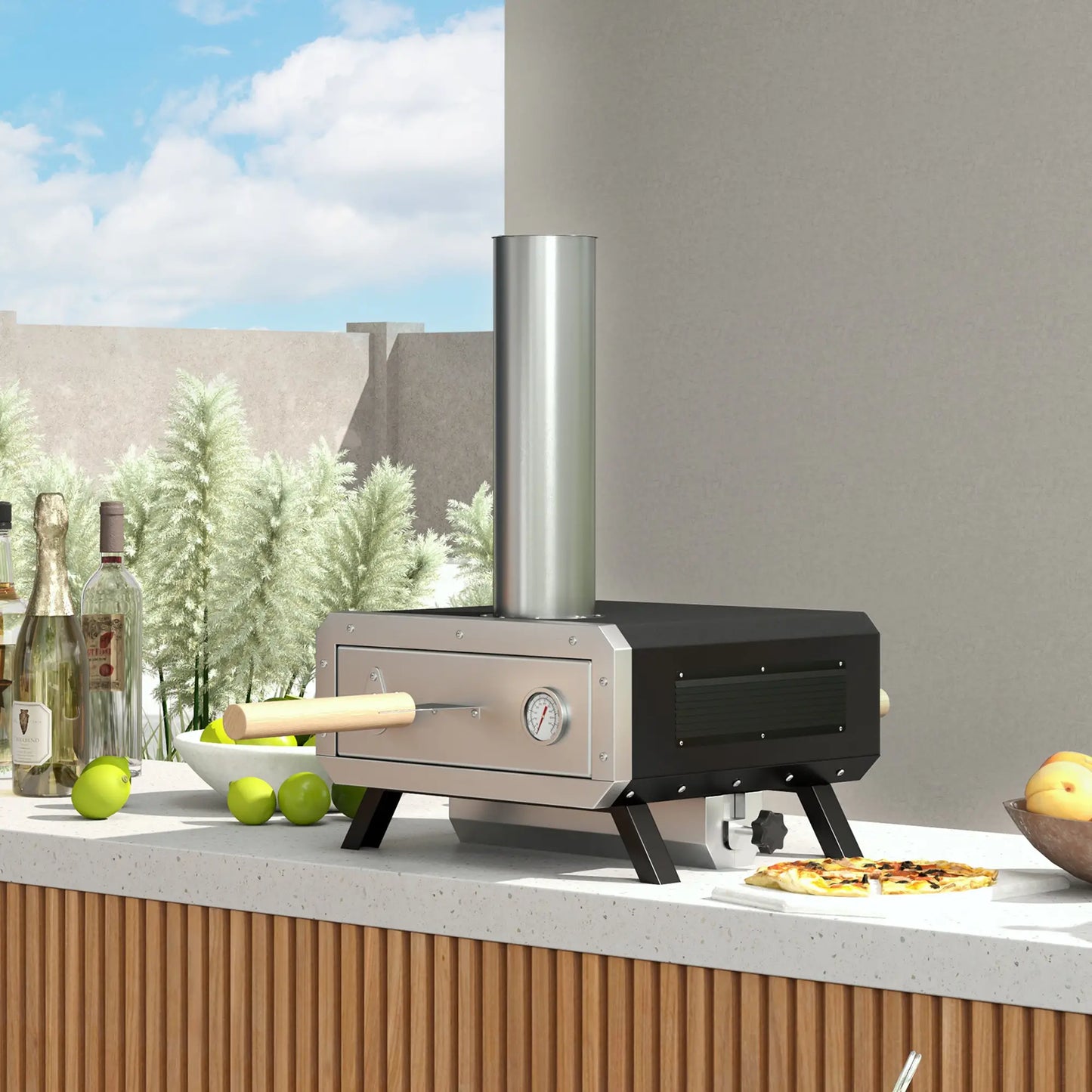 Outsunny Portable Wood Pellet Pizza Oven with Rotating Pizza Stone, Peel and Cover, Wood Fired Pizza Maker for Outdoor Cooking