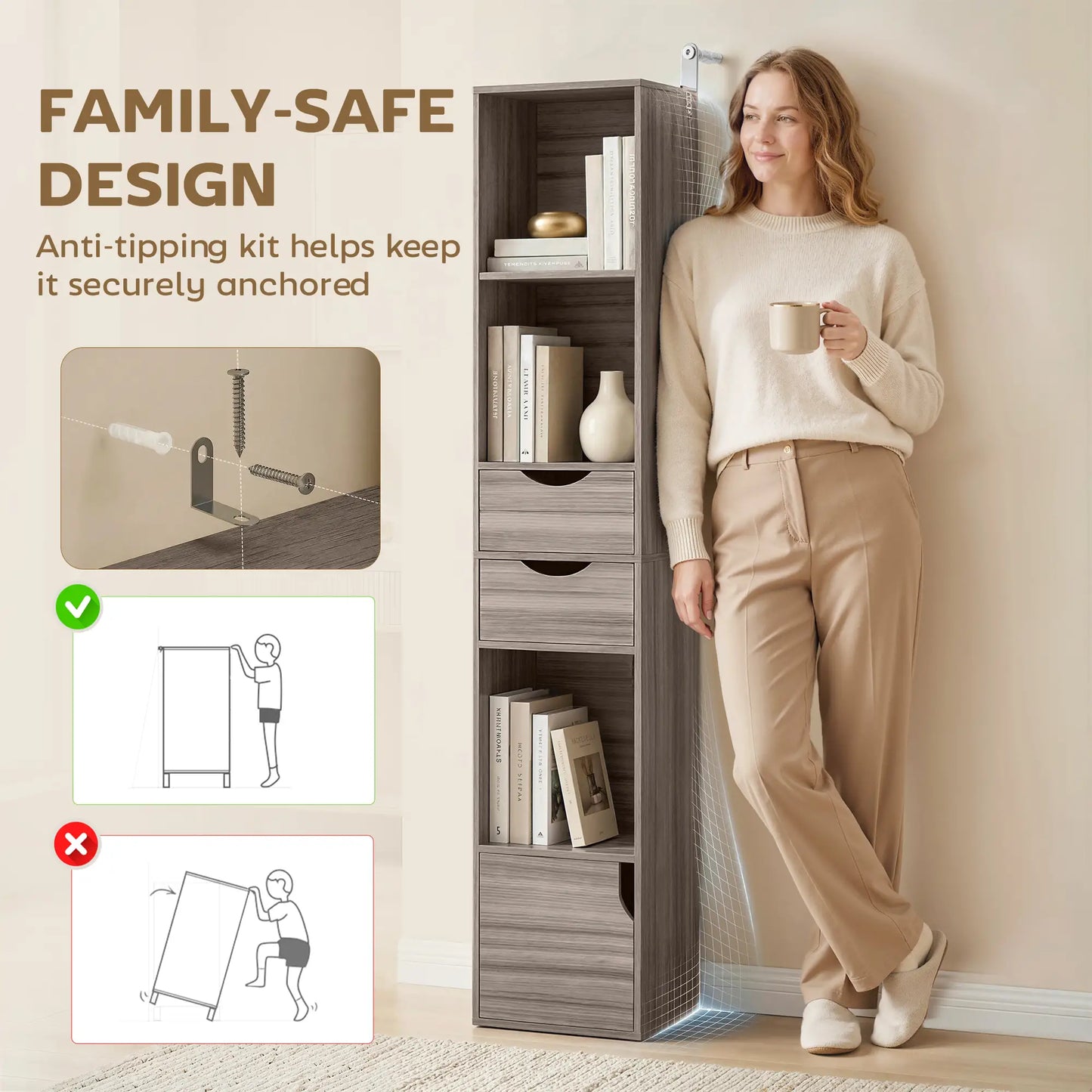 HOMCOM Bookcase with 2 Drawers and Cabinet, Adjustable Shelf Bookshelf, Grey