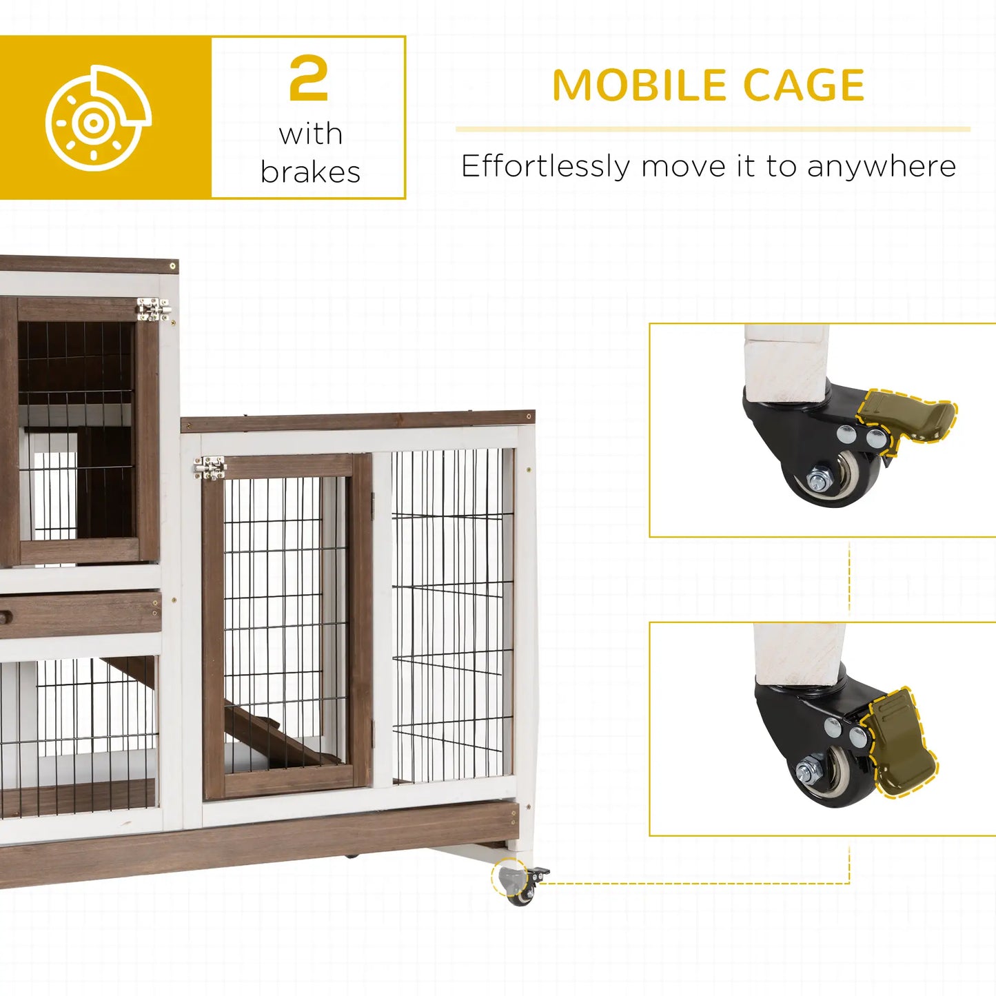 PawHut Two-Tier Rabbit Hutch Pet Cage, with Wheels, Fir Wood Structure - Brown