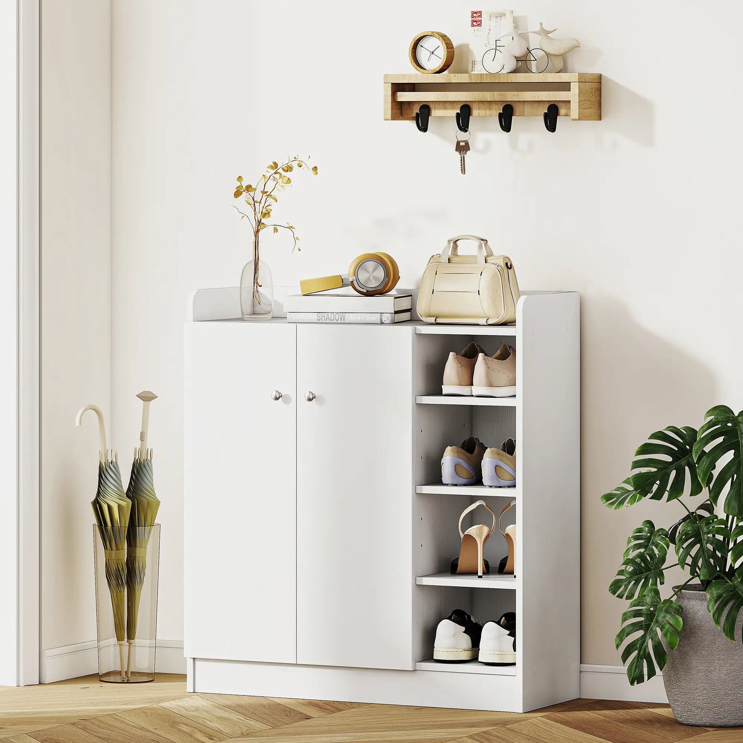 HOMCOM Shoe Storage Cabinet Two Doors w/ Adjustable 4 Shelves Cupboard Footwear Rack Stand Organiser, White