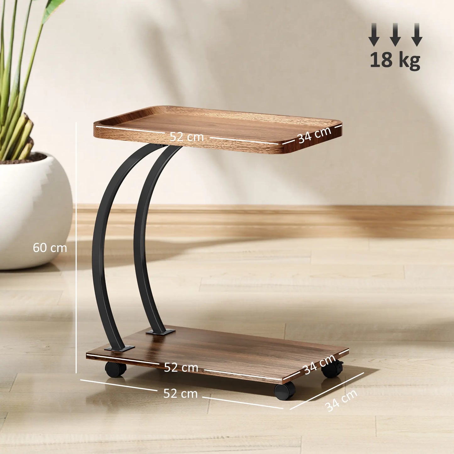 HOMCOM 2-Tier Mobile C-Shaped Side Table - Brown