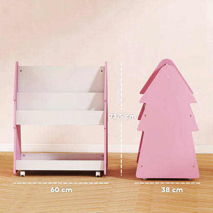 AIYAPLAY Kids Bookshelf with Toy Storage & Wheels, Double-Sided Bookcase, 3 Tier Book Rack for Bedroom, Pink