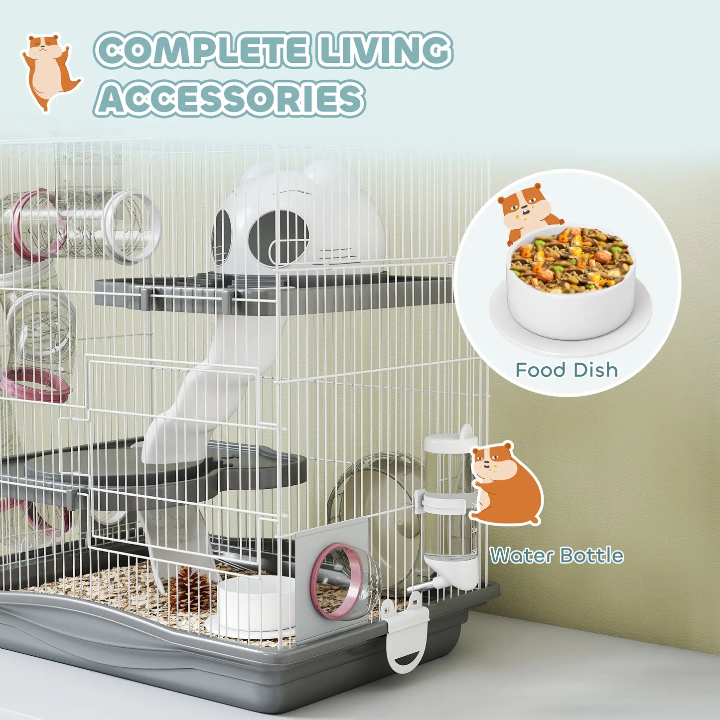 PawHut 3-Tier Hamster Cage with Exercise Wheels, Water Bottle, Food Dish, for Dwarf Hamsters, Grey