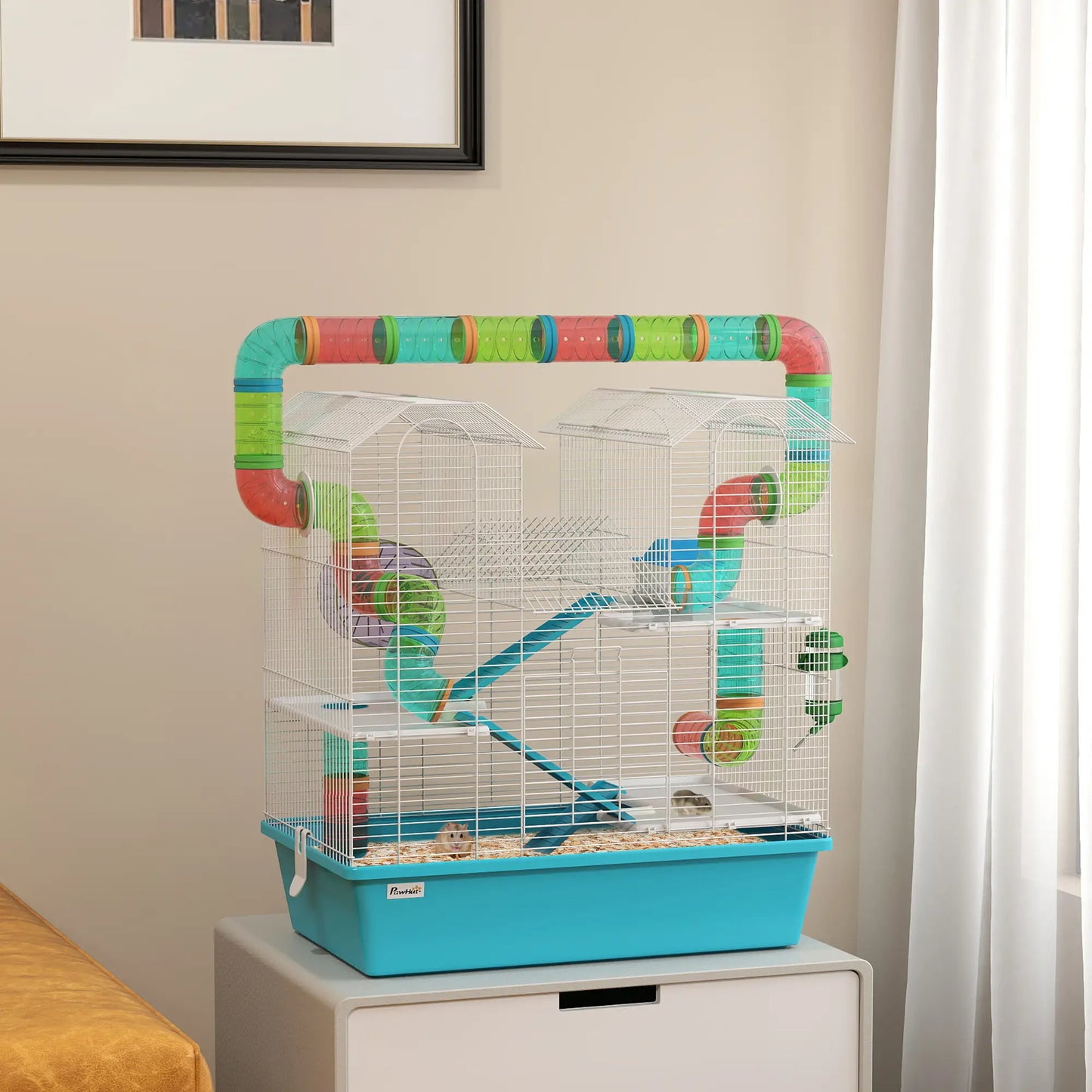 PawHut 4 Tier Hamster Cage w/ Tubes, Exercise Wheel, Hut, Water Bottle, Ramps for Dwarf Hamster, Light Blue
